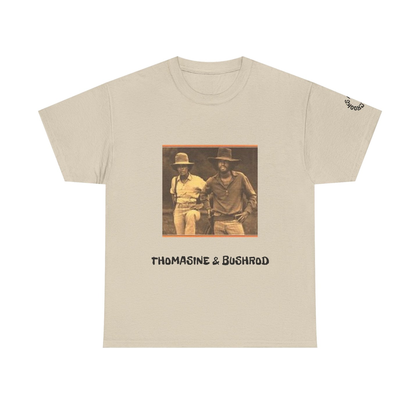 Thomasine and Bushrod T-shirt featuring a bold design inspired by the legendary outlaw duo. 