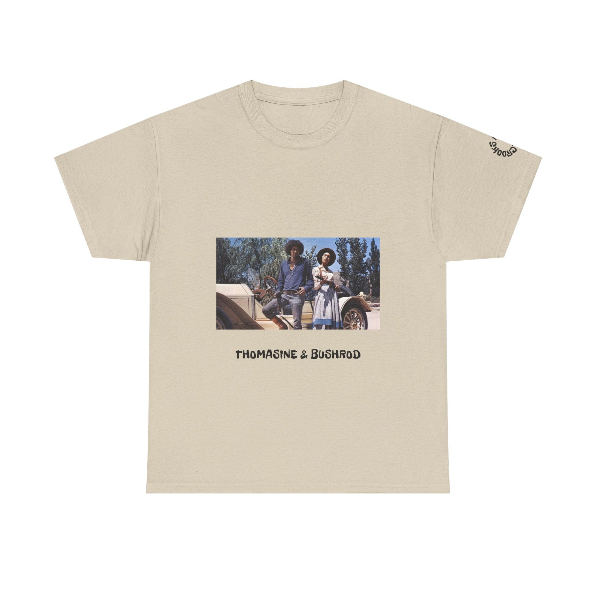 Thomasine and Bushrod T-shirt featuring a bold design inspired by the legendary outlaw duo. 