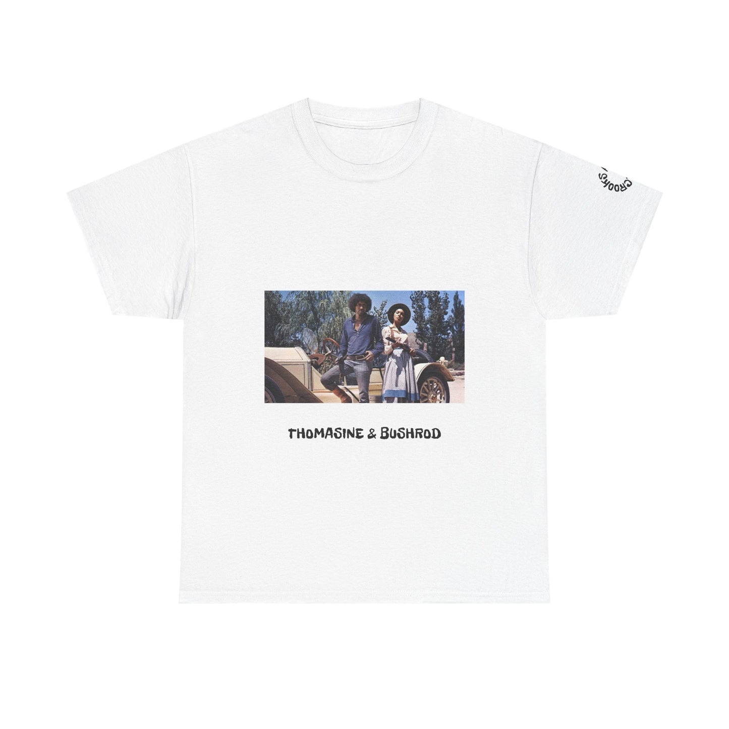 Thomasine and Bushrod T-shirt featuring a bold design inspired by the legendary outlaw duo. 