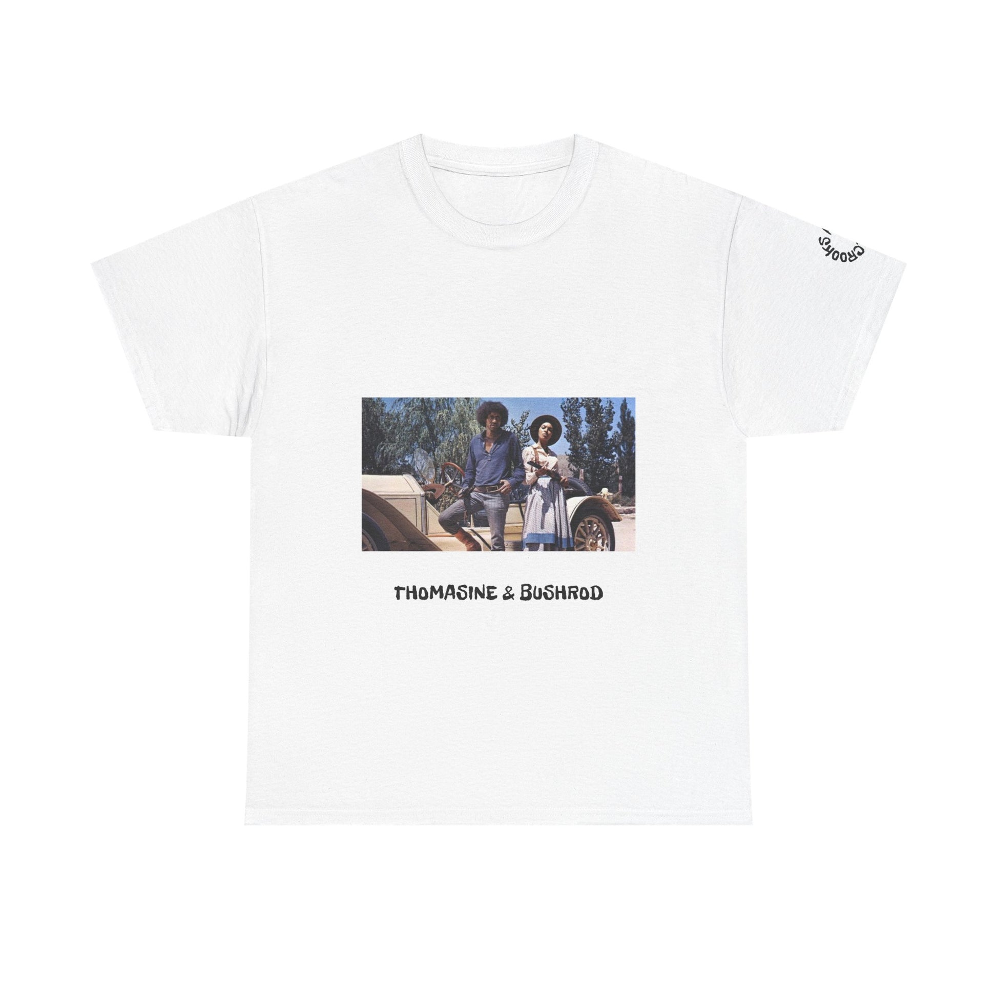 Thomasine and Bushrod T-shirt featuring a bold design inspired by the legendary outlaw duo. 
