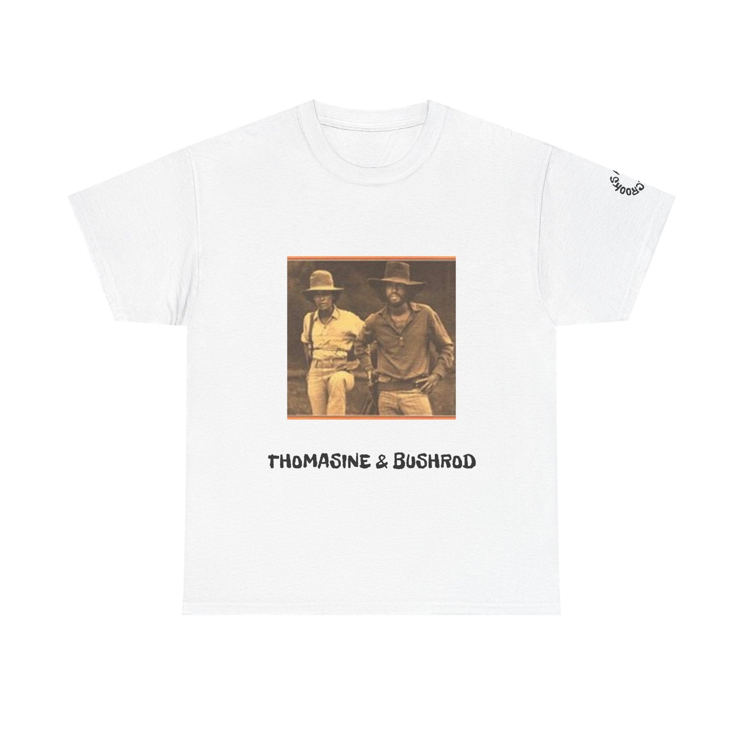 Thomasine and Bushrod T-shirt featuring a bold design inspired by the legendary outlaw duo. 