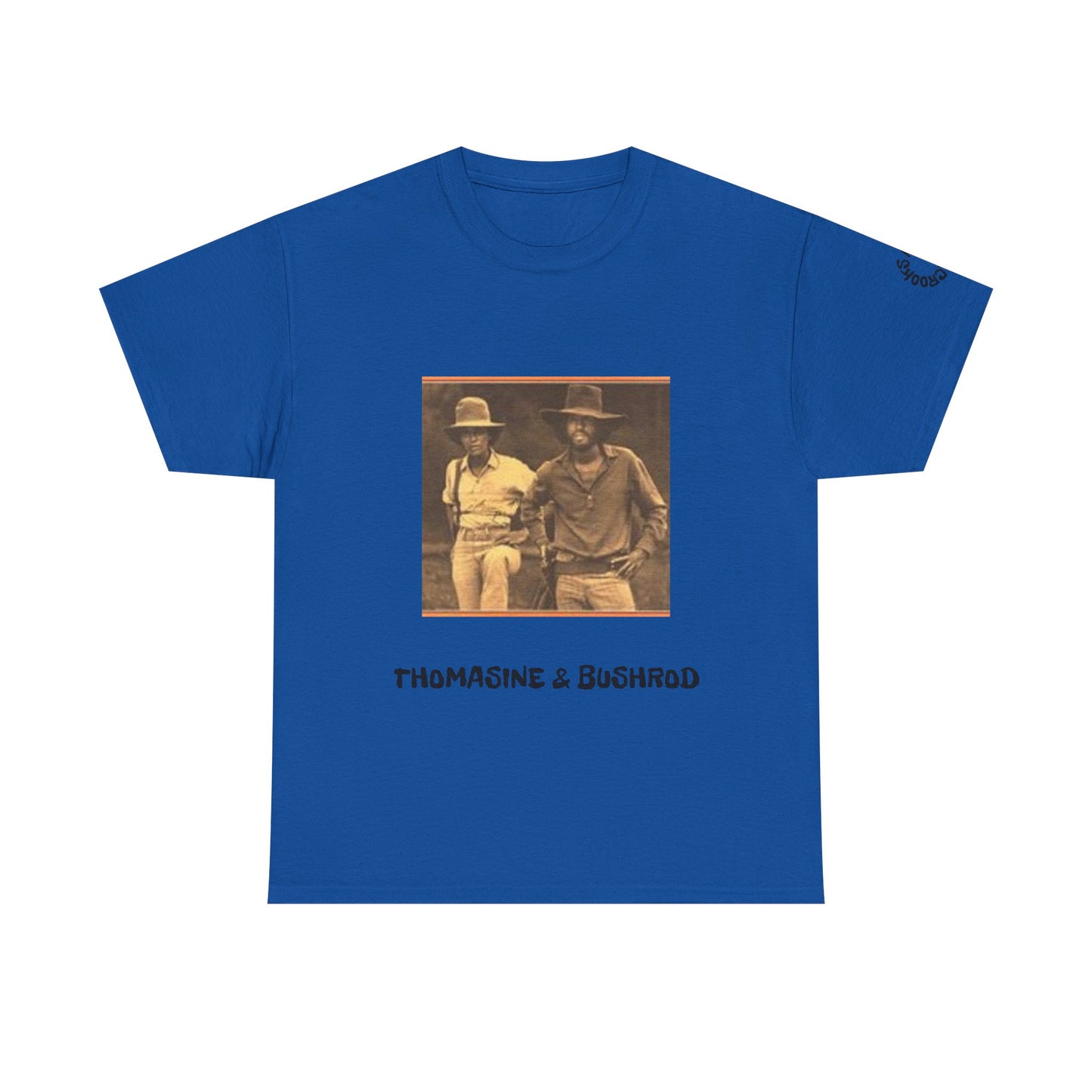 Thomasine and Bushrod T-shirt featuring a bold design inspired by the legendary outlaw duo. 