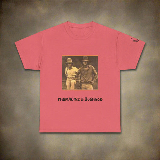 Thomasine and Bushrod T-shirt featuring a bold design inspired by the legendary outlaw duo. 