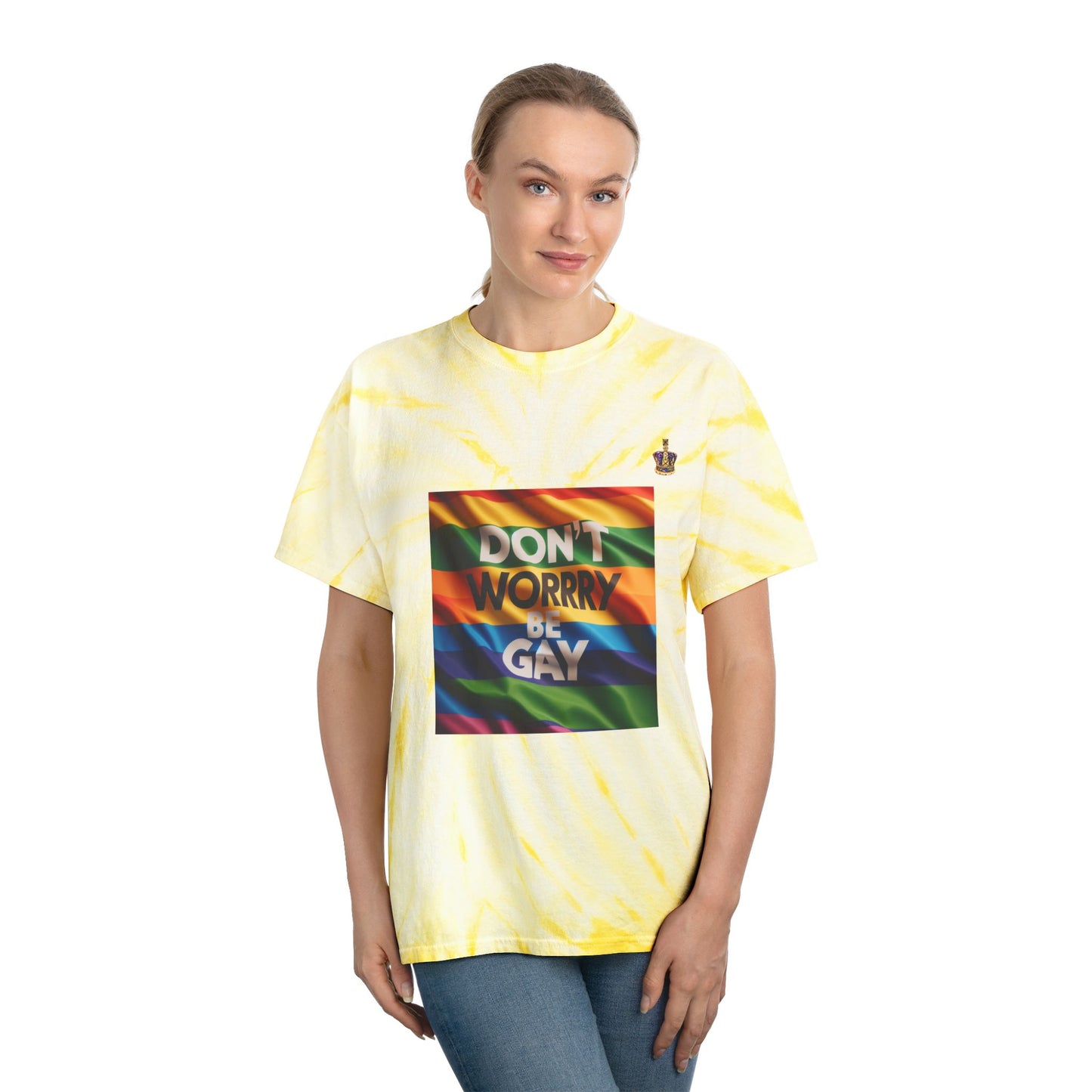 Vibrant Tie-Dye Tee | Don't Worry Be Gay | Perfect for Pride, Festivals, Casual Wear, Gifts, LGBTQ+ Events