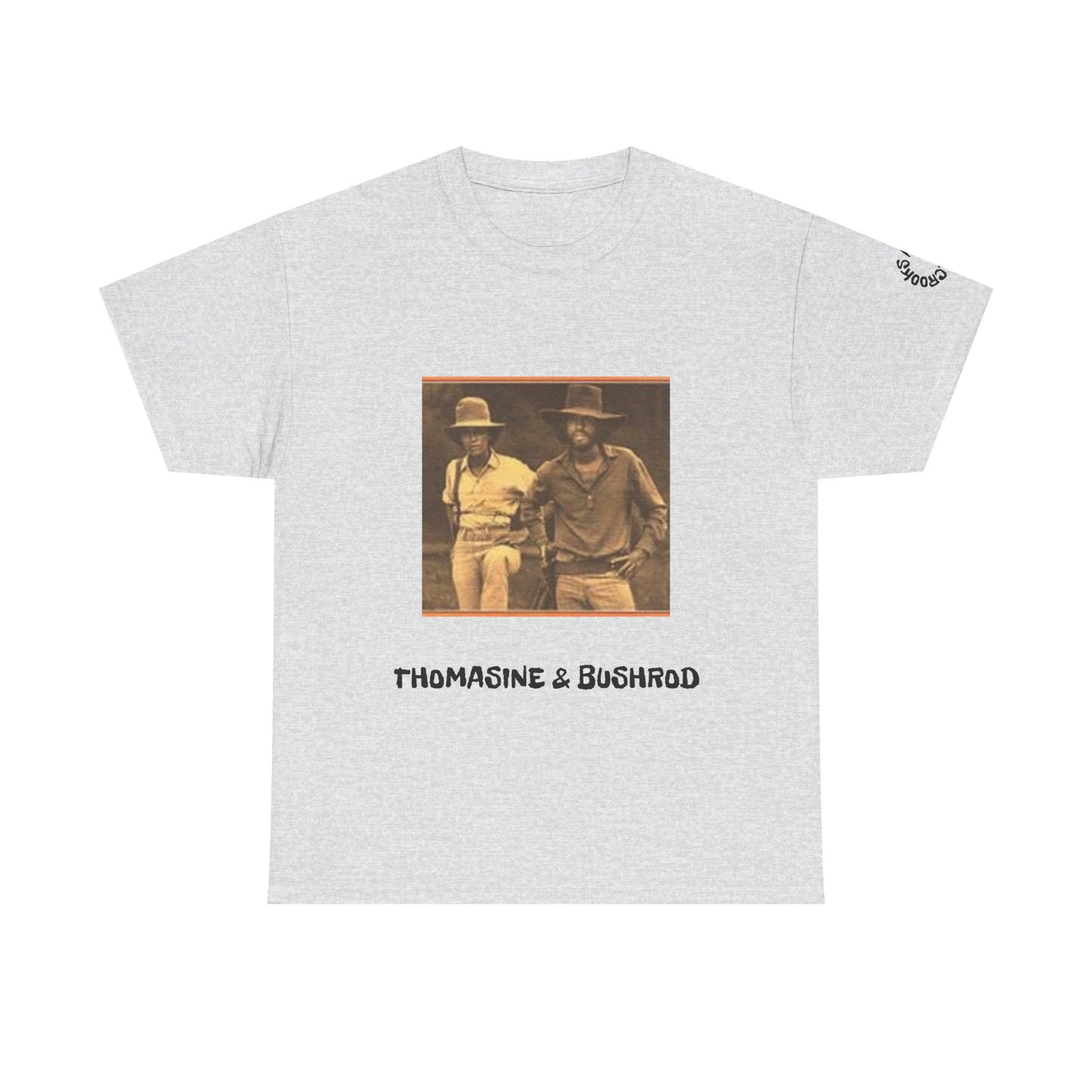 Thomasine and Bushrod T-shirt featuring a bold design inspired by the legendary outlaw duo. 