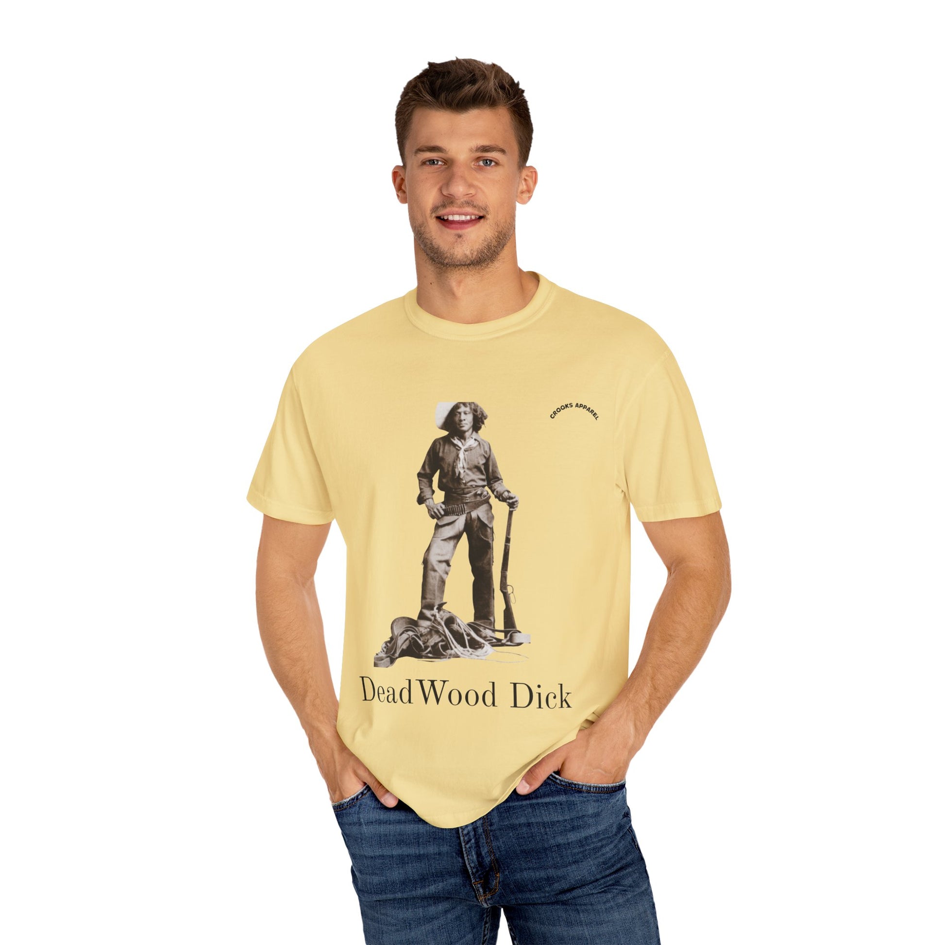 Deadwood Dick T-shirt, celebrating the fictional cowboy hero with a bold Wild West design
