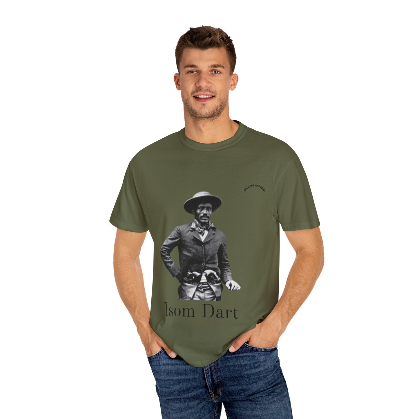 Isom Dart T-shirt, featuring a bold tribute to the legendary Old West Cowboy