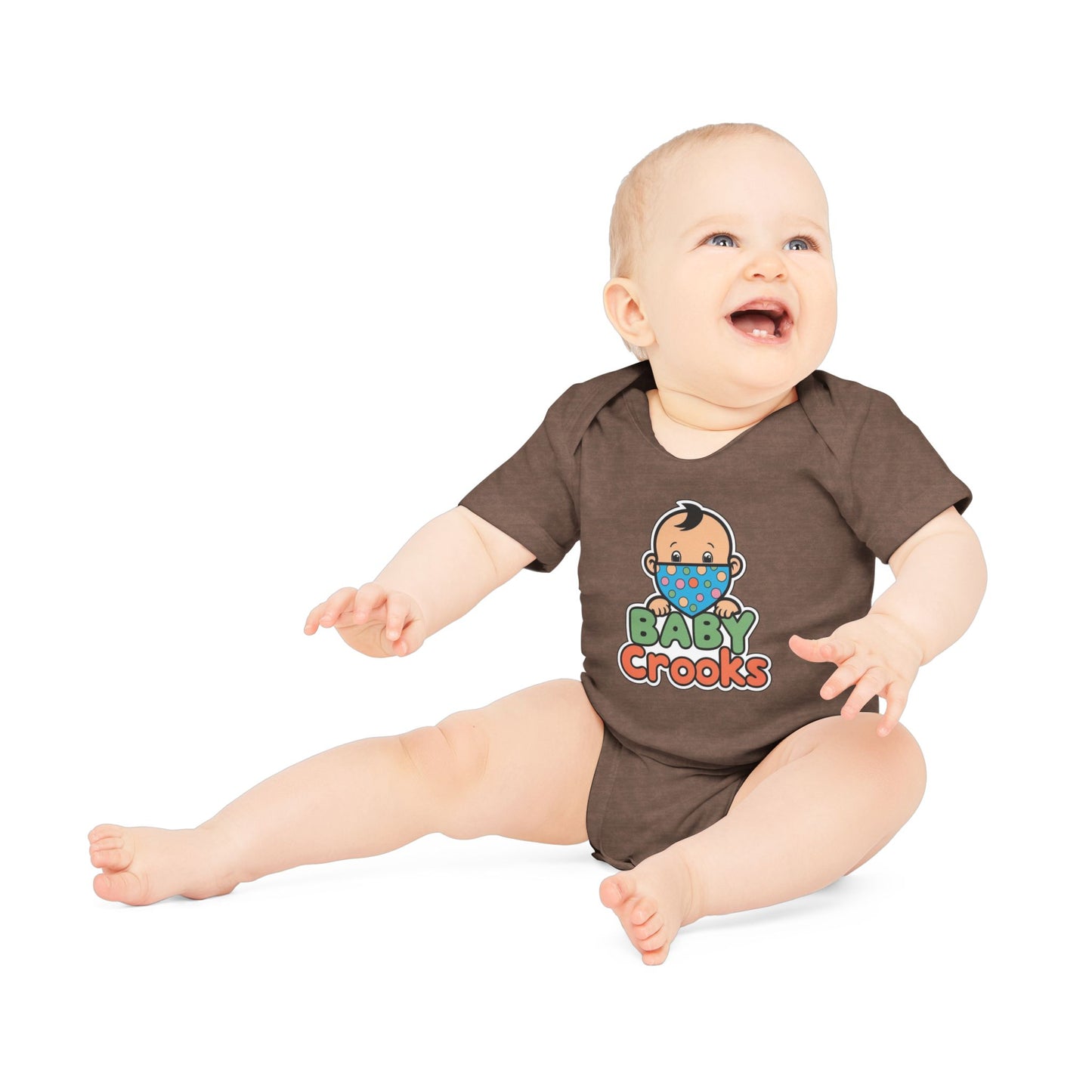 Baby wearing a brown onesie with 'Baby Crooks' print on a white background
