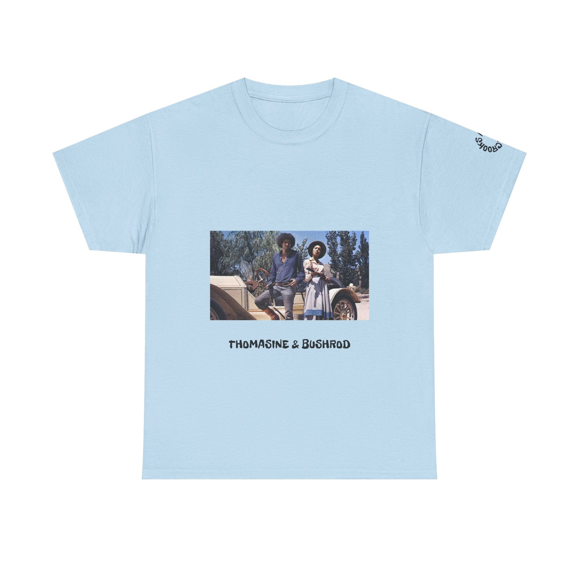 Thomasine and Bushrod T-shirt featuring a bold design inspired by the legendary outlaw duo. 